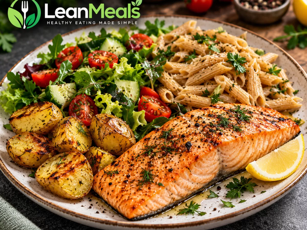 Grilled Salmon with Wholegrain Pasta & Potato Salad